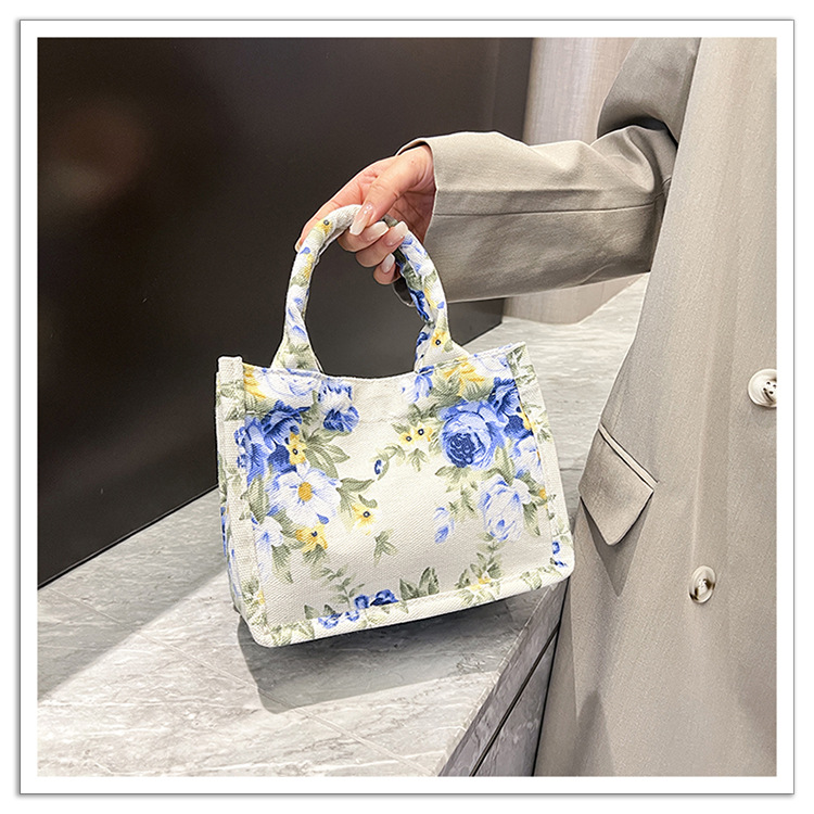 105g Weight Sewing Thread Fashion Element Magnetic Buckle Closure Type Double Handle Strap Type Handbag Bags Type Holiday, Daily Occasion Canvas Material Women's Backpack Backpack Flower Pattern All Seasons Season Women's Gender Elegant Style Square Shape Women's Canvas Flower Elegant Sewing Thread Square Magnetic Buckle Handbag 7