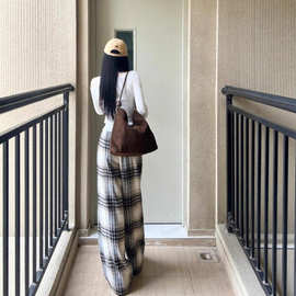 美式复古高街毛呢格子裤子女春秋冬加绒2025设计感直筒休闲阔腿裤