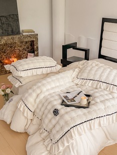 Winter Soft and Waxy Class a Rabbit Plush Four-Piece Set Warm and Thickeneded Milk Velvet Quilt Cover Bed Sheet Princess Style Bedding 4
