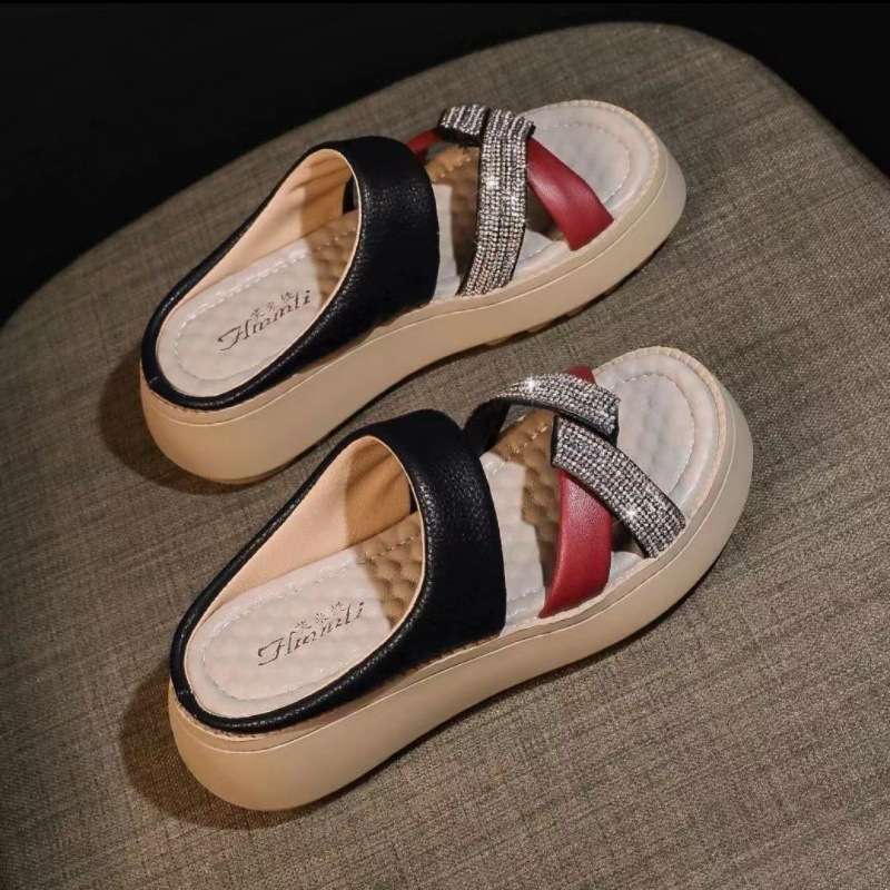 Soft Leather Soft-Soled Rhinestone Slippers for Women's Outer Wear Summer New Versatile Platform Thick-Soled Lazy Sandals Red and Black