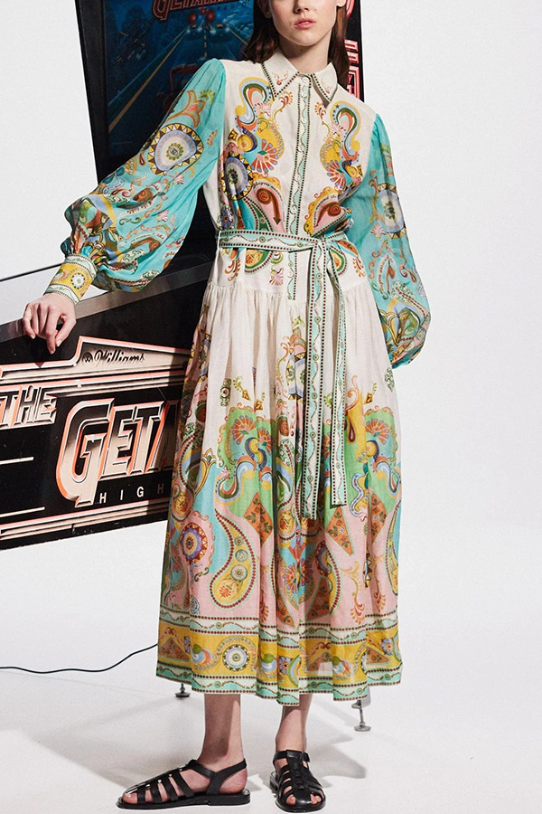 420g Weight Maxi Long Dress Dress Length Type Long Sleeve Sleeve Length Wholesale Women's Streetwear Printing Holiday Turndown Long Sleeve Swing Dress