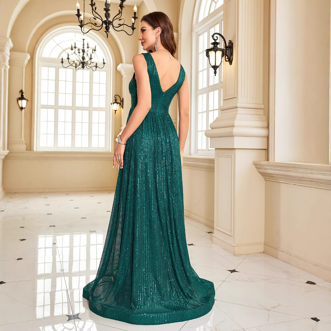 Elegant Emerald Green Sequin Backless Evening Gown Slim Fit Long Dress For Bridesmaid Party Wedding Banquet_voghion.com