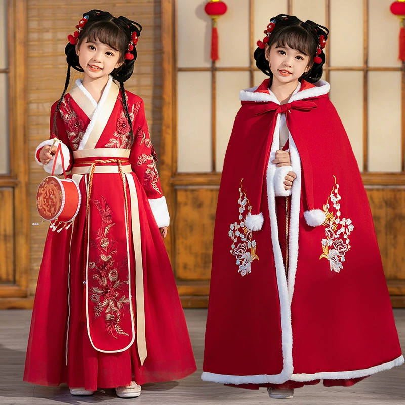 Девушка ханьфу 2023 Зимний новый детский древний костюм в китайском стиле, Новогодняя одежда, красный костюм в старинном стиле Тан, утолщенная юбка