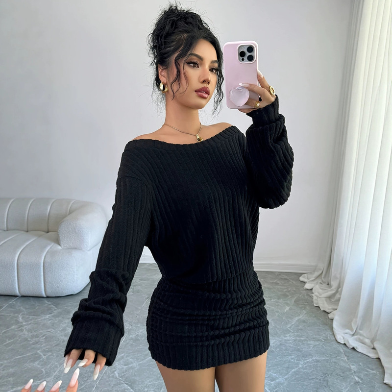 Women's casual versatile off-shoulder ribbed long-sleeve short slim-fit dress, suitable for autumn and winter, Thanksgiving