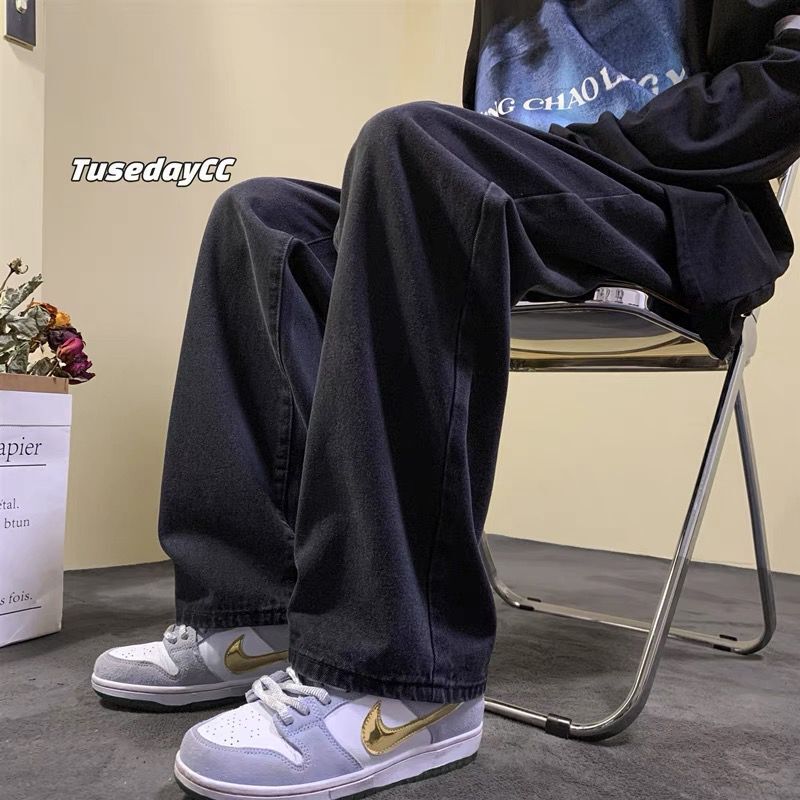 Pantalones vaqueros negros American oversize Street Pants High Street ins hombres de moda suelta recta drapeado Pantalones anchos