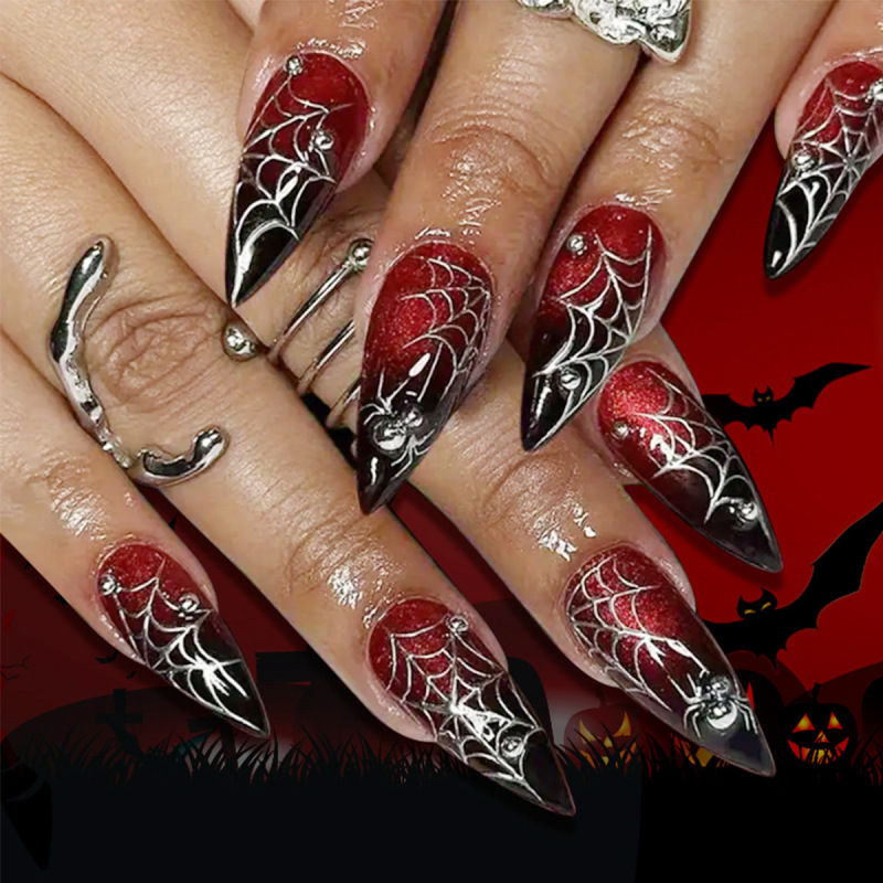 Halloween Nails Long Tip Black Red Gradient Glitter Steel Beads Spider Web Glossy Removable Fake Nails Nails Halloween Nails Long Tip Black Red Gradient Glitter Steel Beads Spider Web Glossy Removable Fake Nails Nails