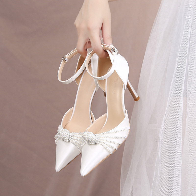 2026 Multiple Styles of Pearl Pointed-Toe Stiletto High Heels with Single Strap, Sexy Satin Pumps for Women, Wholesale Wedding Shoes