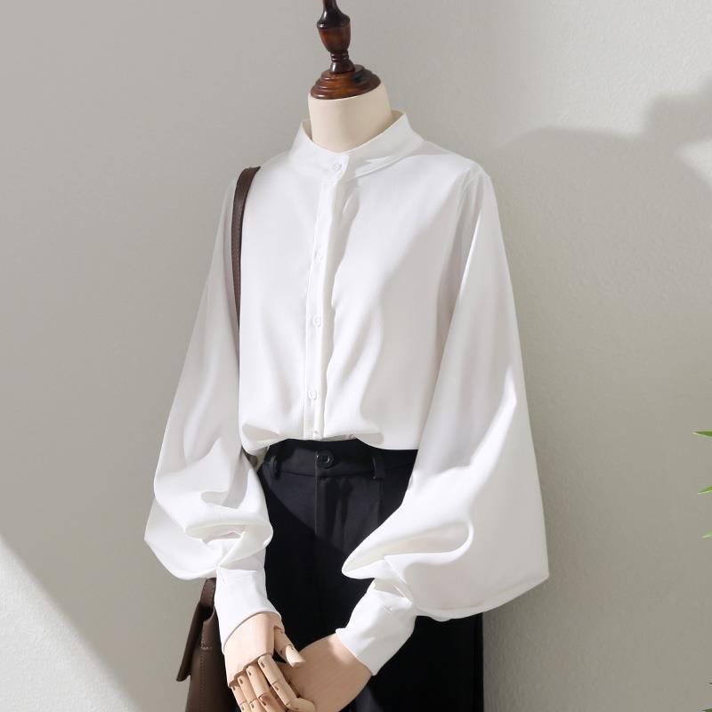 Autumn New Style Lantern Sleeve White Shirt for Women, Long-Sleeve Brushed Fabric Top, Korean Style Loose Fit, Hong Kong Style Stand Collar Puff Sleeve Shirt Autumn New Style Lantern Sleeve White Shirt for Women, Long-Sleeve Brushed Fabric Top, Korean Style Loose Fit, Hong Kong Style Stand Collar Puff Sleeve Shirt