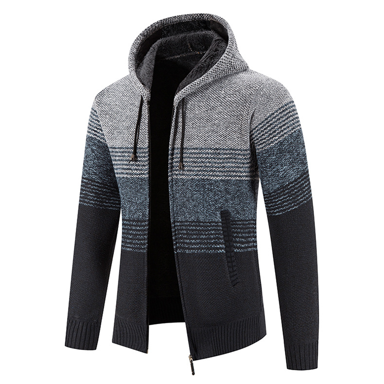 2024 Höst/Vinter Ny Kofta Trendig Färgblockerad Stickad Tröja Med Huva Stor Avslappnad Herrkappa_voghion.com