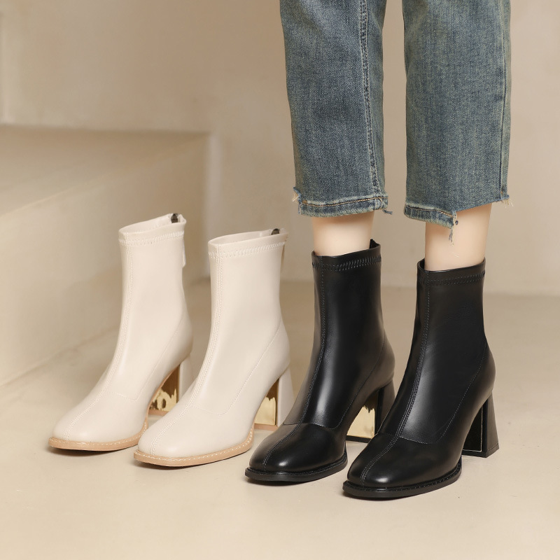 New Product Promotion White French Short Boots 2025 New Autumn and Winter Women's Slim Boots Thick Heel Square Toe High Heels