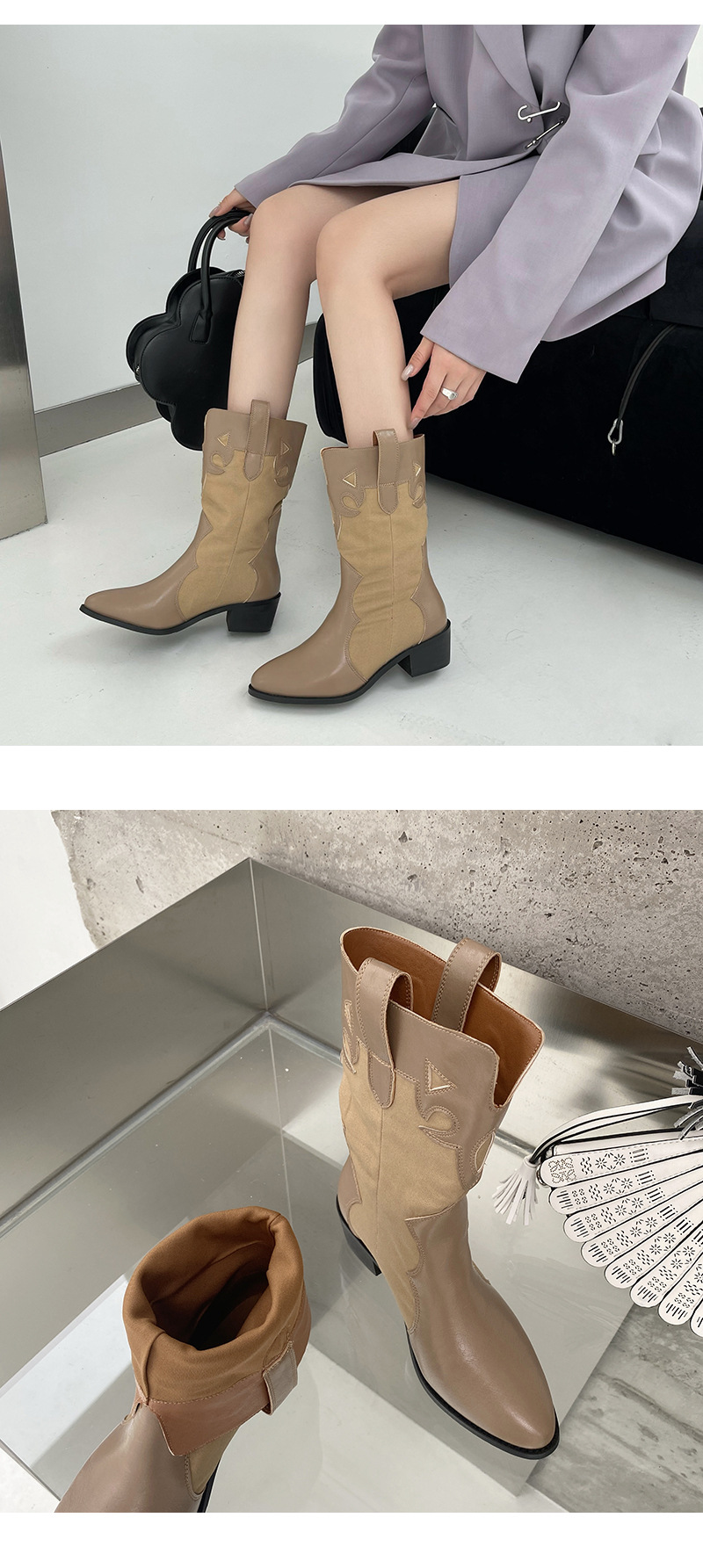 2024 Fashion Pointed Korean Edition Temperament Splicing Simple and Versatile Sleeve Thick Heel Short Boots for Women_voghion.com