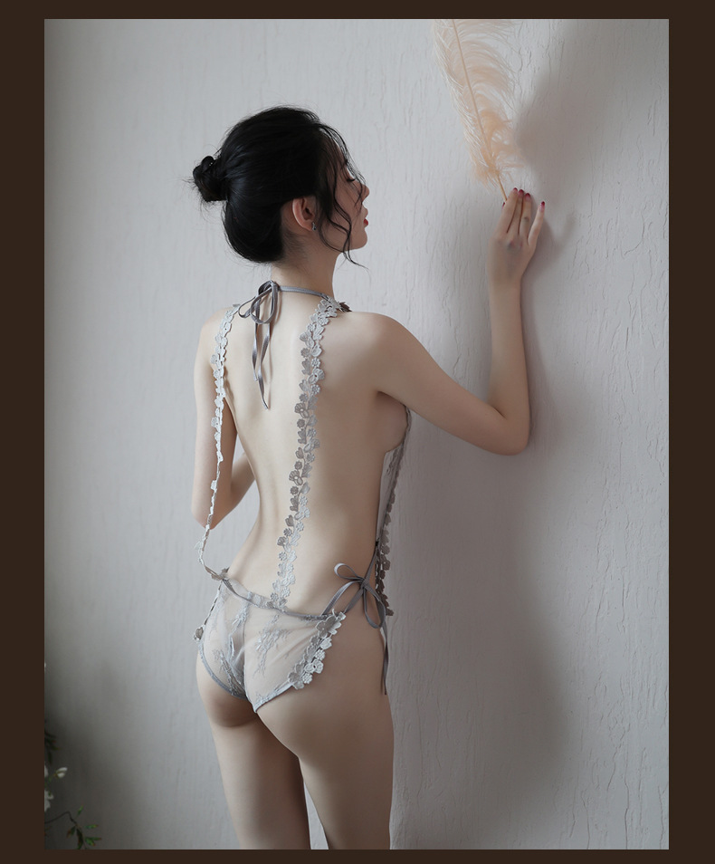 Halterneck Lace Bodysuit, Backless Sheer One-Piece Lingerie, Black One Size — detail image 22