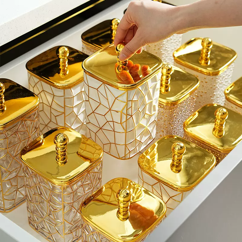 方形龟裂纹奶白带盖储物罐子杂粮零食密封罐子珠珠把手桌面收纳盒