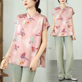 实拍现货 新中式双面提花国风复古气质立领上衣蝴蝶印花短袖衬衫