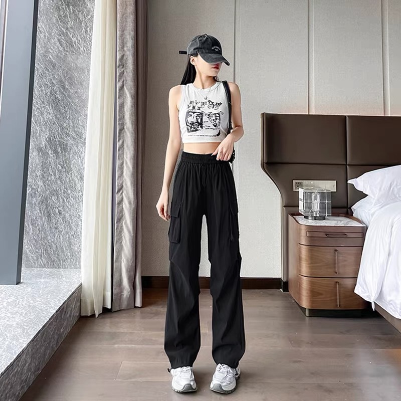 American-Style Parachute Pants for Women, Sun-Protective Parachute Pants, Loose Wide-Leg Breathable Sports Quick-Dry Pants, Casual Cargo Pants