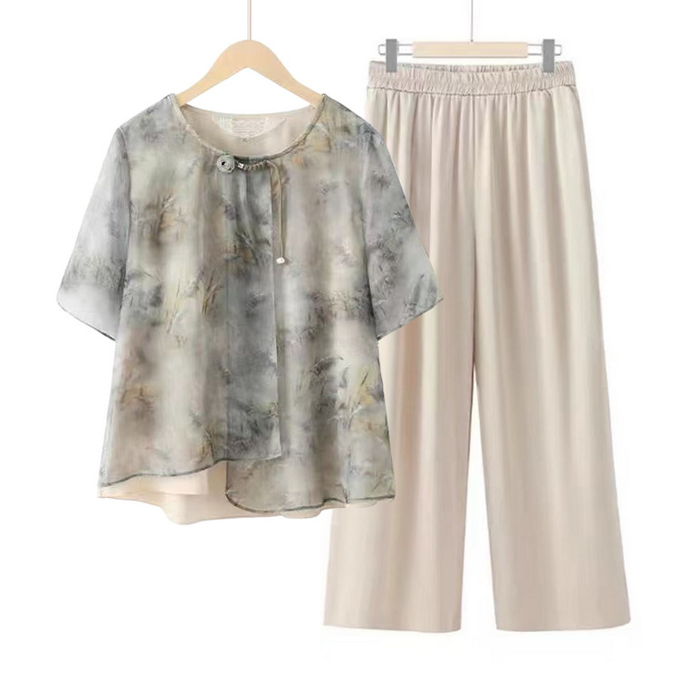 Mom's Summer Clothes 2025 New T-Shirt Suit Middle-Aged and Elderly Women's Short-Sleeved Grandma Summer Casual Clothes Shirt