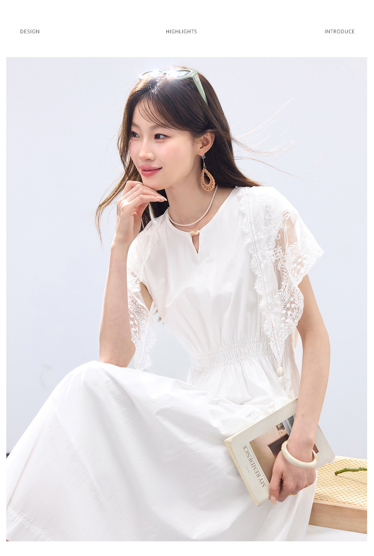 Đầm suông midi tay ngắn A chữ, kèm khăn choàng ren, dáng suông che khuyết điểm — màu trắng, màu vàng chi tiết 7