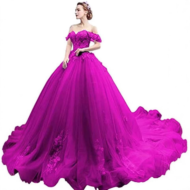 Amazon foreign trade off-shoulder puffy skirt wedding dress birthday party art exam performance long tail big pendulum dress