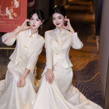 伴娘服中式平时可穿2025新款香槟色姐妹团长袖订婚旗袍礼服裙春秋