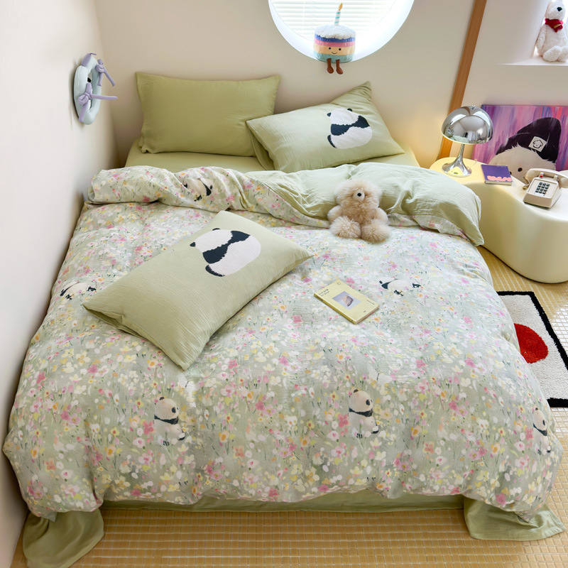Youyixin juego de cuatro piezas de dibujos animados de doble capa de gasa arrugada impresión digital juego de tres piezas de algodón kit de algodón sábana edredón