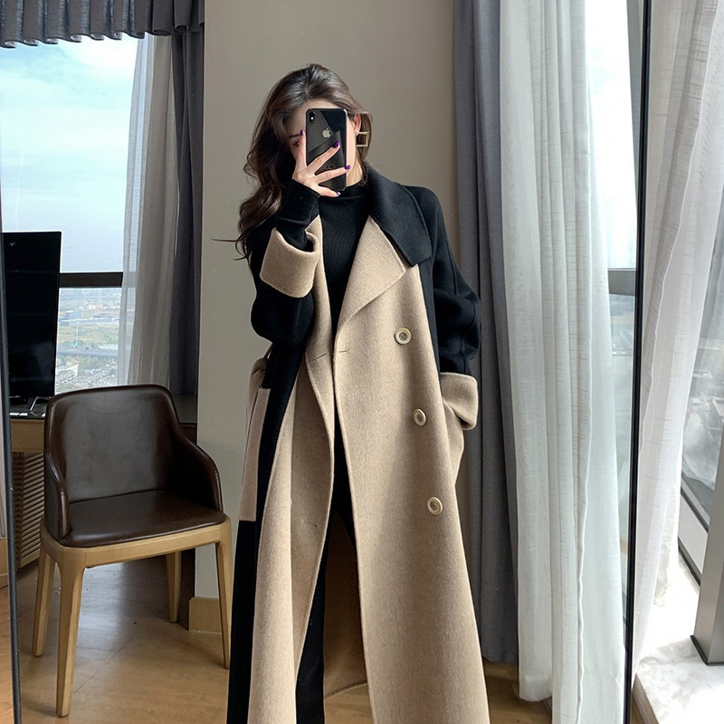 Hepburn Style Woolen Outwear Women's Long 2025 Winter New Style High-End Elegant Slimming Look Contrast Woolen Outwear Women