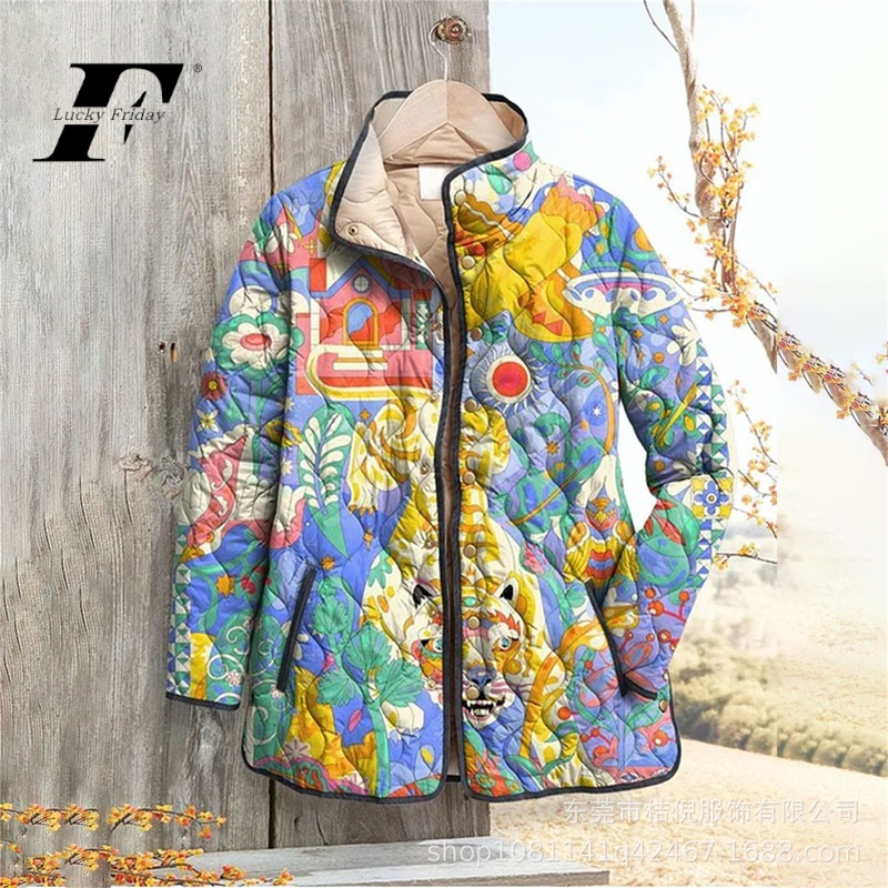 2025 New Style Stand-Up Collar Pleated Cotton Women's Sweatshirt Floral Pattern 6 Buttons Women's Cotton Sweatshirt 2