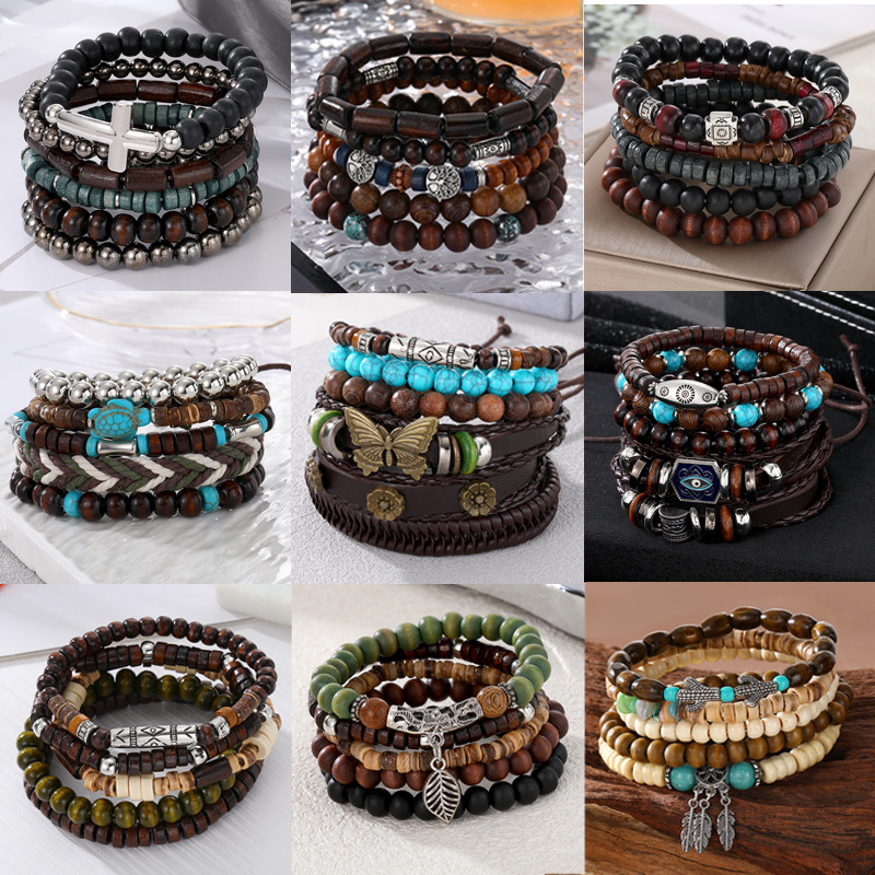 Cross-Border Hot Selling European and American Bohemian Style Literary Retro Wooden Bead Bracelet Set Multi-Layer Elastic Metal Bracelet