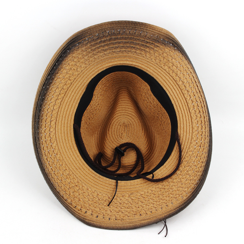 Ventas transfronterizas calientes masculinas y masculinas neutras sombrero de paja vaquero occidental sombrero de sol transpirable al aire libre con decoración de cinturón