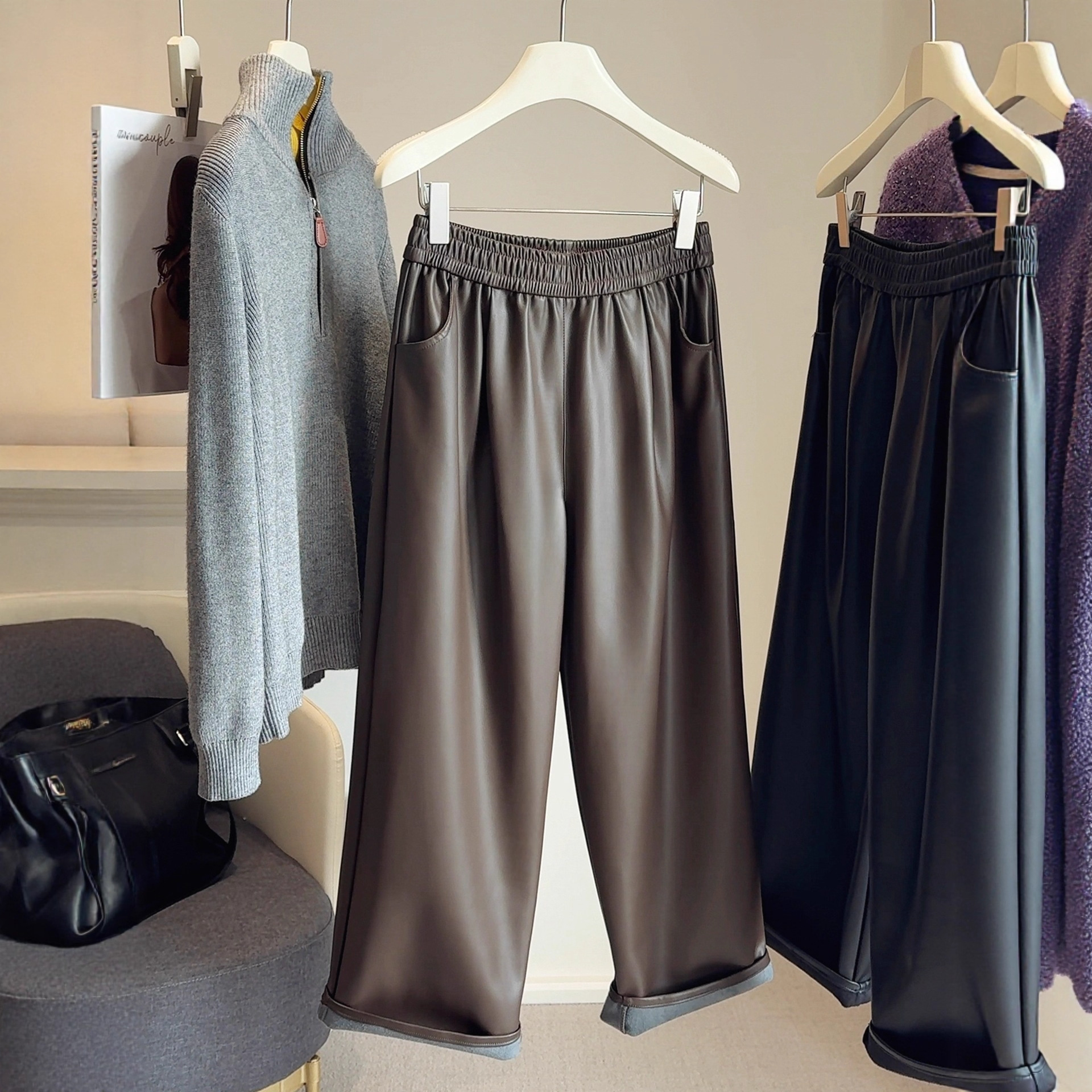 加绒复古高级感休闲PU防风阔腿裤女冬2025新款松紧腰九分直筒皮裤