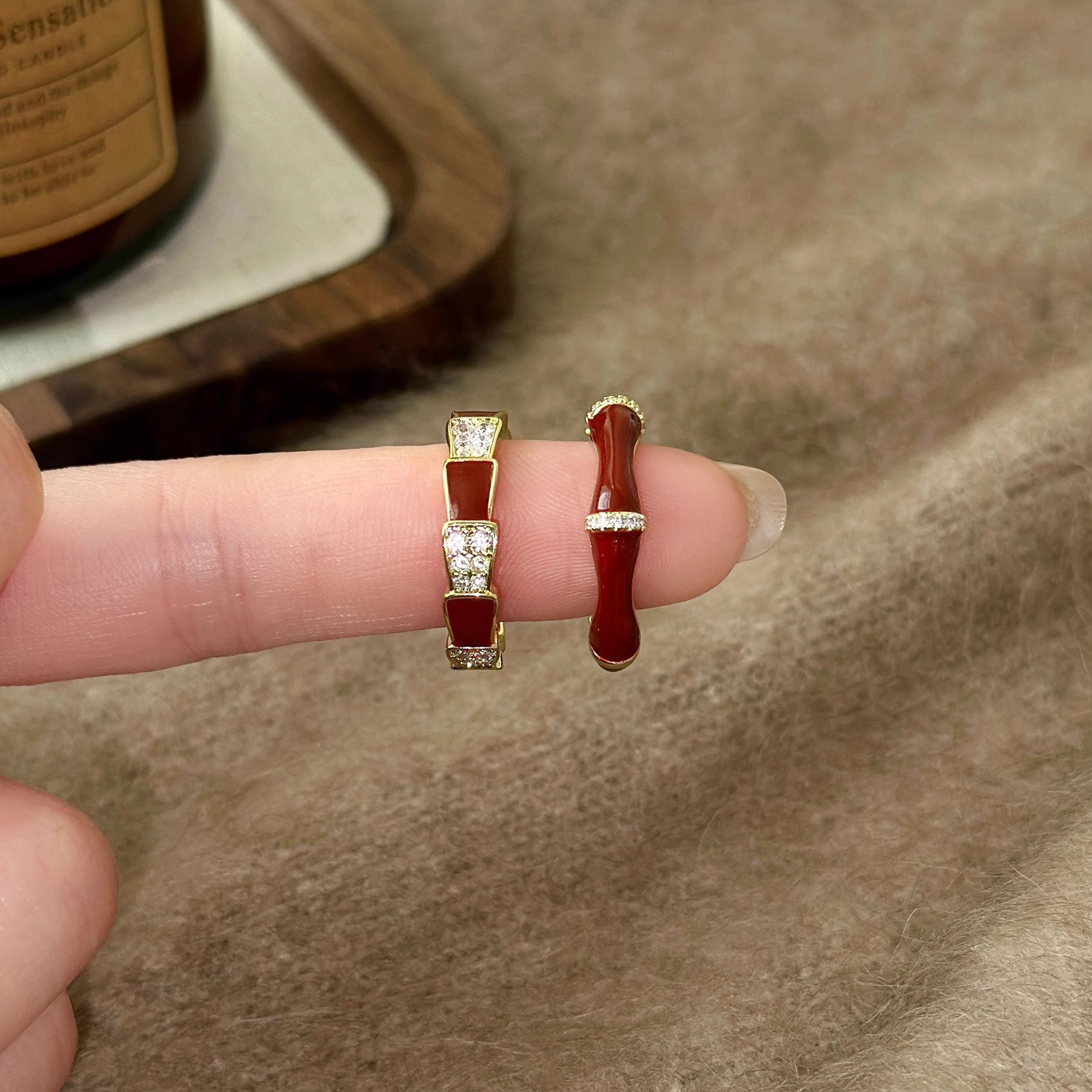 Französischer Weinroter Emaille Ring Mit Bambusmuster Verstellbar_voghion.com
