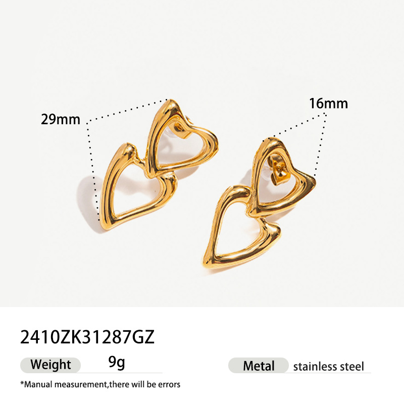 TENA nicho de amor amor amor hueco pendientes de acero inoxidable chapado en oro 18 quilates doble goteo de zircón pendientes de aceite