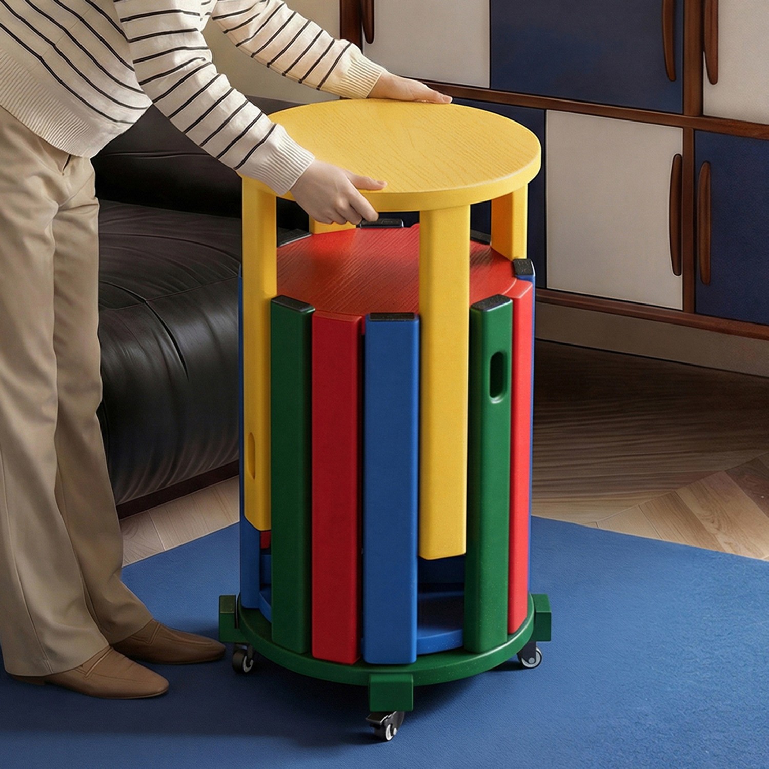 Taburete de madera sólida, taburete de almacenamiento combinado apilable para el hogar, taburete de reserva, taburete de mesa de comedor, taburete redondo apilable