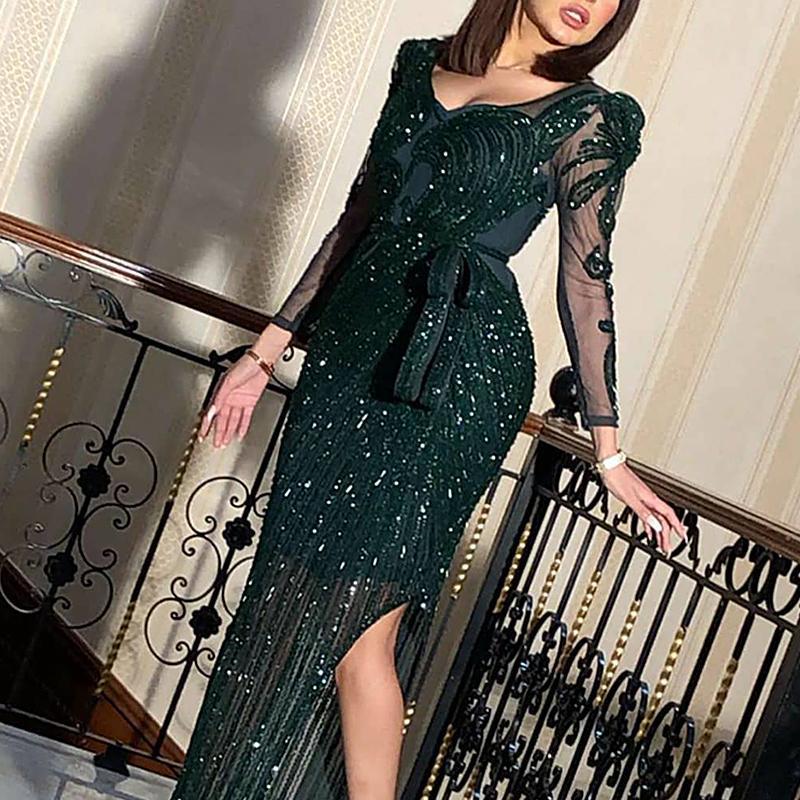 Export Temperament Green Evening Gown Green Gold European and American Feminine Dress