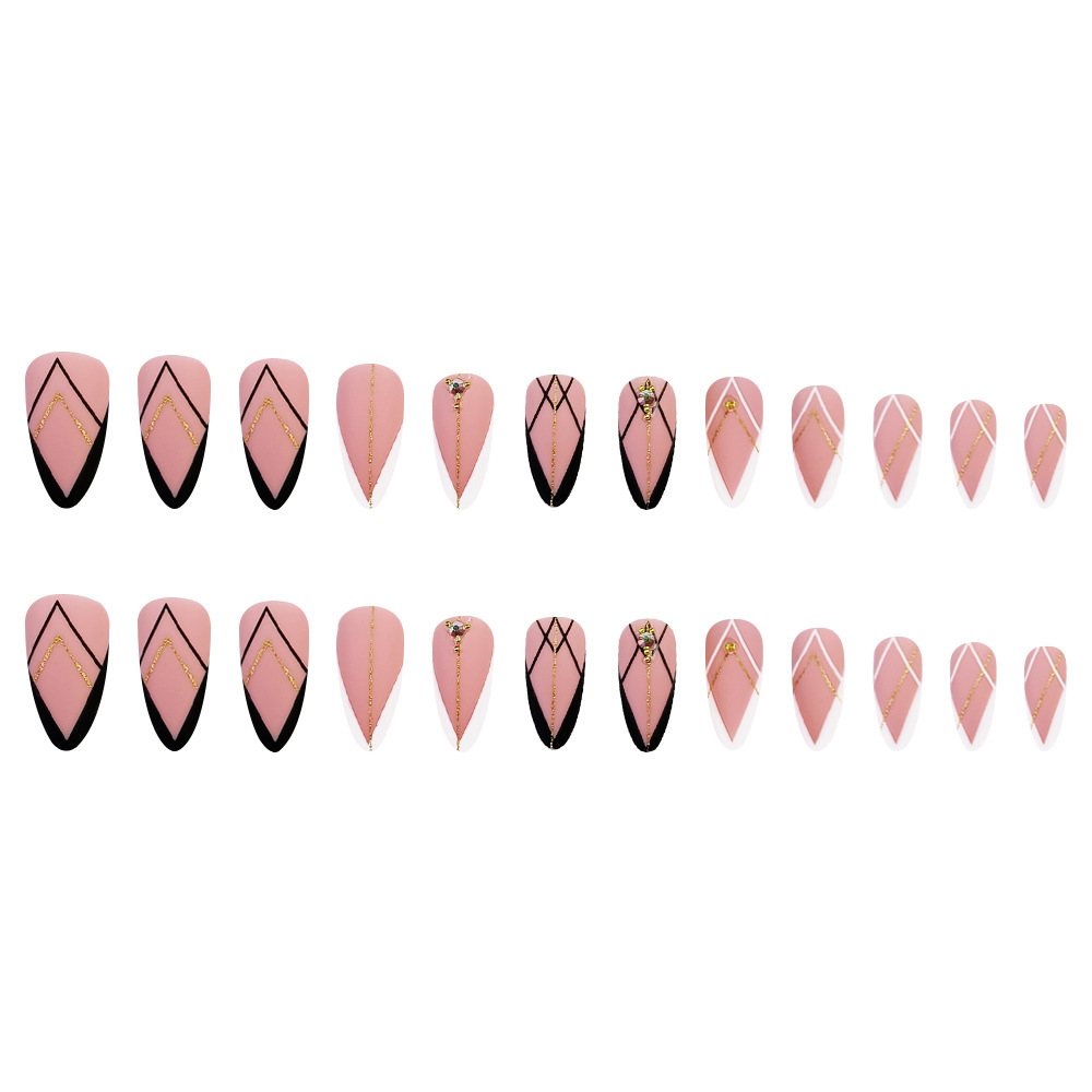 Ventas transfronterizas calientes de diamantes de uñas de almendras polvo desnudo oro negro y blanco decoración de uñas geométricas 24 piezas de parche de uñas