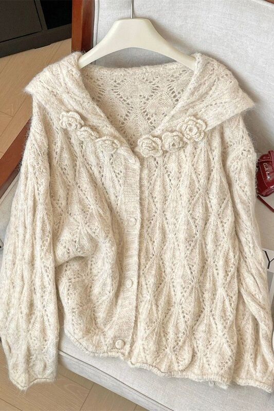 Hollow Jacquard Navy Collar Sweater Jacket for Women in Spring & Fall, Super Nice Knitted Cardigan, Gentle Style, Soft and Waxy Top