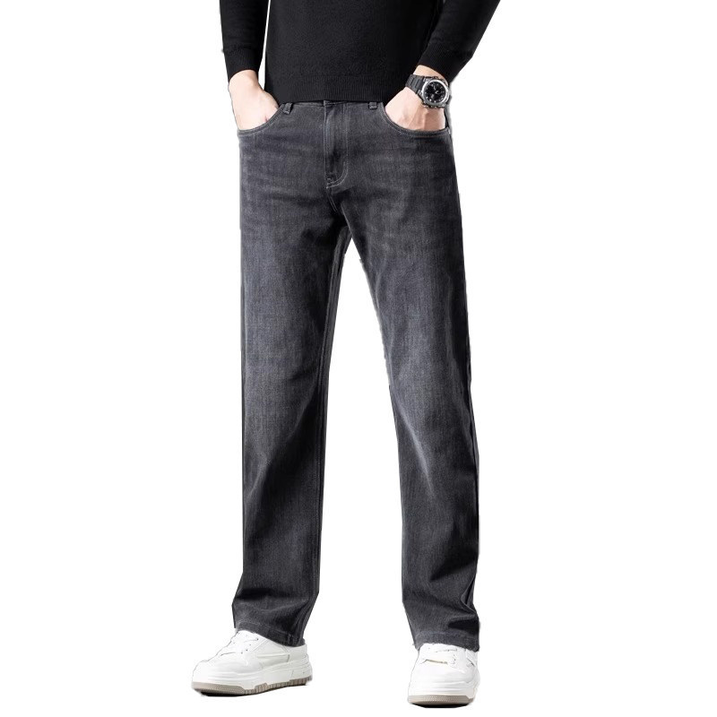 Summer Thin High-End Black-Gray Men's Jeans, Loose Straight Wide-Leg, Large Size, Middle-Aged, Stretchy, Versatile, Long