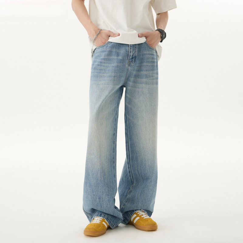HomePanda Blue Washed Jeans Men's Spring American Style Retro cleanfit Loose A- line Wide Leg Pants
