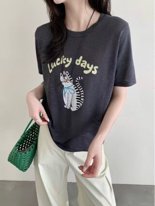 2678 Bamboo Knot Beaded Embroidery Summer New Popular Bowknot Cat Fashion Versatile T-Shirt Knitwear for Women 2678 Bamboo Knot Beaded Embroidery Summer New Popular Bowknot Cat Fashion Versatile T-Shirt Knitwear for Women