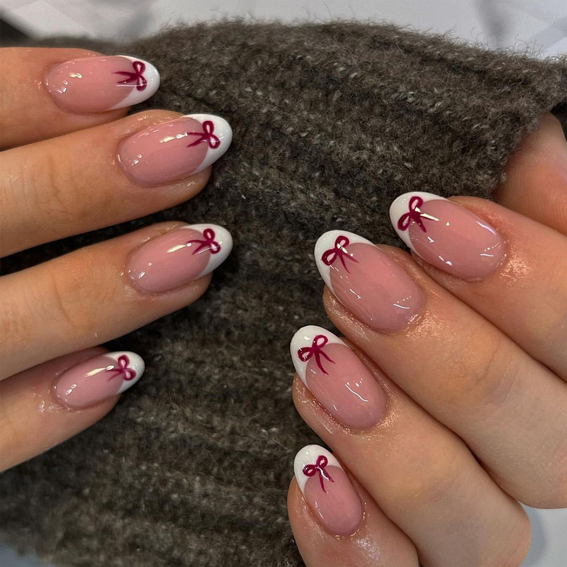 French White Edge Valentine's Day Wear Armor Short Almond Armor Bow Manicure False Nail Wearable Nail Pieces Wholesale French White Edge Valentine's Day Wear Armor Short Almond Armor Bow Manicure False Nail Wearable Nail Pieces Wholesale