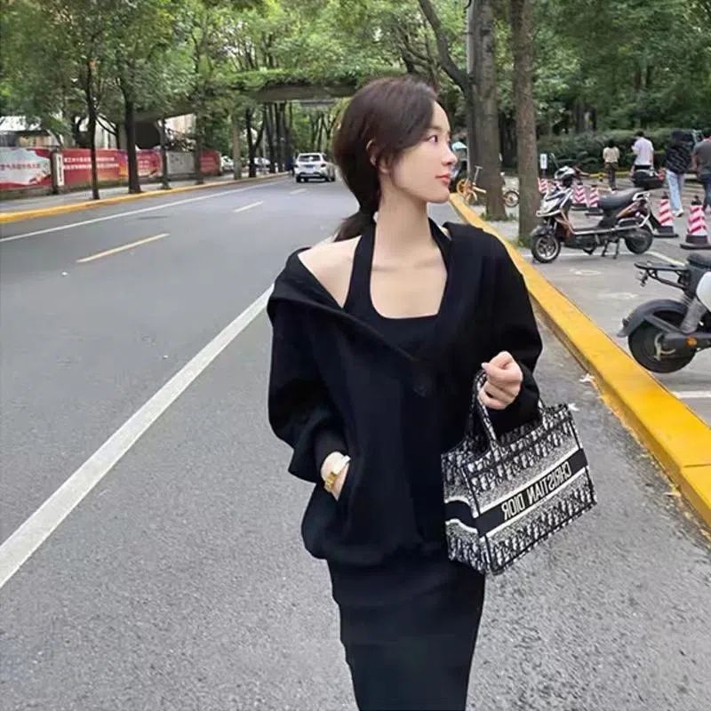 粉色V领连帽卫衣套装时尚洋气减龄显瘦遮肉两件套连衣裙女春秋季|undefined