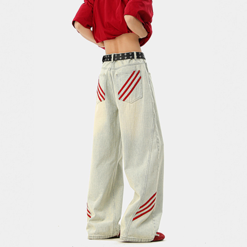 Red Diagonal Three-Stripe Retro Jeans American High Street Vibe Drape Straight-Leg Floor-Length Pants Side Splicing Cargo Pants Trendy