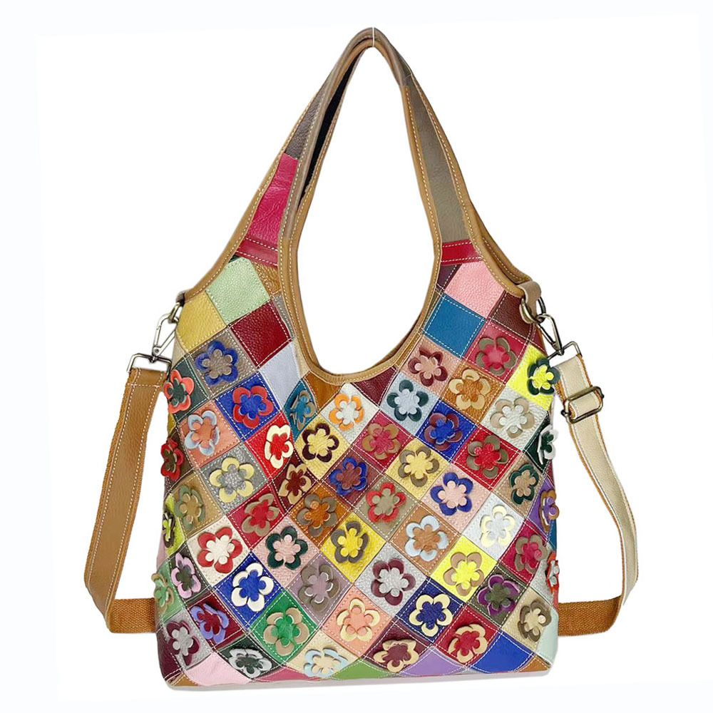 欧美风真皮女包彩色牛皮拼接单肩包斜挎包手工穿花拼色真皮包包