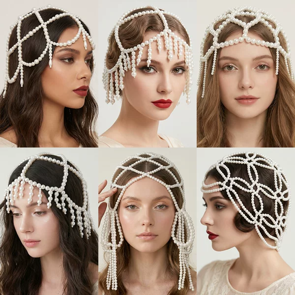 Cross-Border Exclusive Supply of Vintage Pearl Hollow-Out Hair Caps, Versatile Tassel Hair Accessories for Bridal Dinners, Handmade Beaded Hair Chains