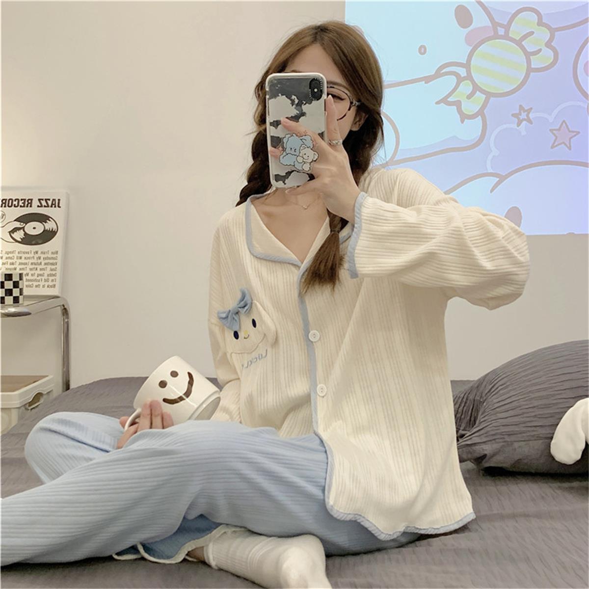 2022 여성 인터넷 연예인을 위한 새로운 봄, 가을 잠옷 DOUYIN 인기 긴팔 가디건 한국 스타일 귀여운 집 밖에서 입을 수 있습니다