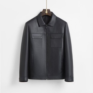 Men's Genuine Sheepskin Leather Jacket with Contrasting Colors, Similar to Lei Jun's Style, American Casual Biker Trendy Leather Coat