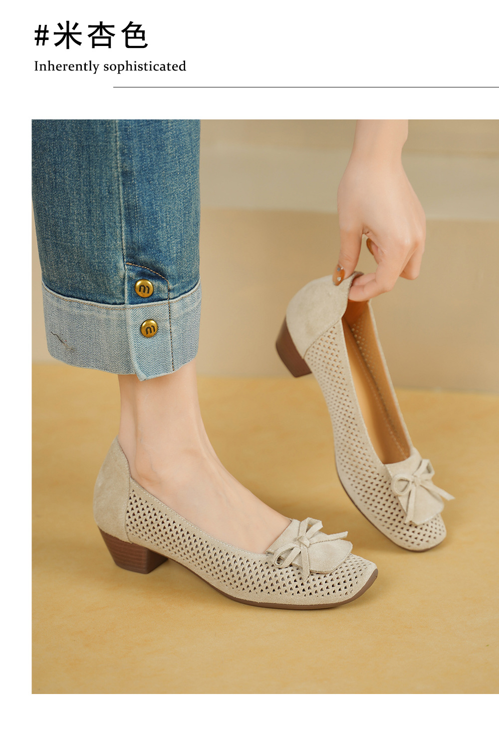 Giày cao gót nữ da lật bò mũi nhọn gót vuông 3.5cm, kiểu dáng nơ xinh — màu sắc chi tiết 4