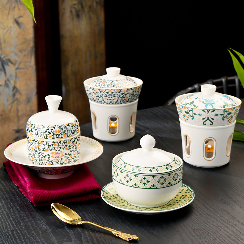 Chinese Ceramic Stew Pot, High-End Hotel Commercial Stew Pot, Candle-Heated Soup Pot, Household Water-Proof Stew Bird's Nest Pot
