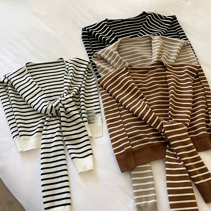 Вязаный свитер-шаль в полоску для женщин, осень 2025, шаль для весны и осени, жилет-накидка, корейский стиль, модный.