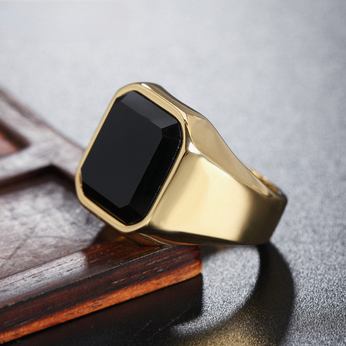 R0034-HK02 Export Jewelry European and American Simple Personality Black Agate Gemstone Men's Titanium Steel Ring