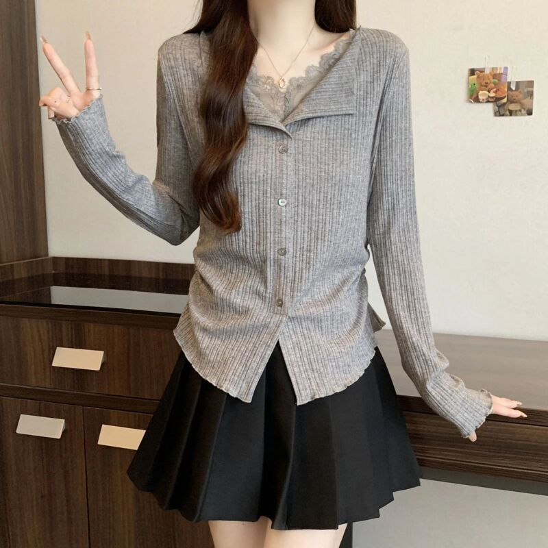 Fake Two-Piece Lace Collar Right Shoulder Gray Long-Sleeved Shirt for Women Early Autumn Large Size New Pinch Waist Irregular Top